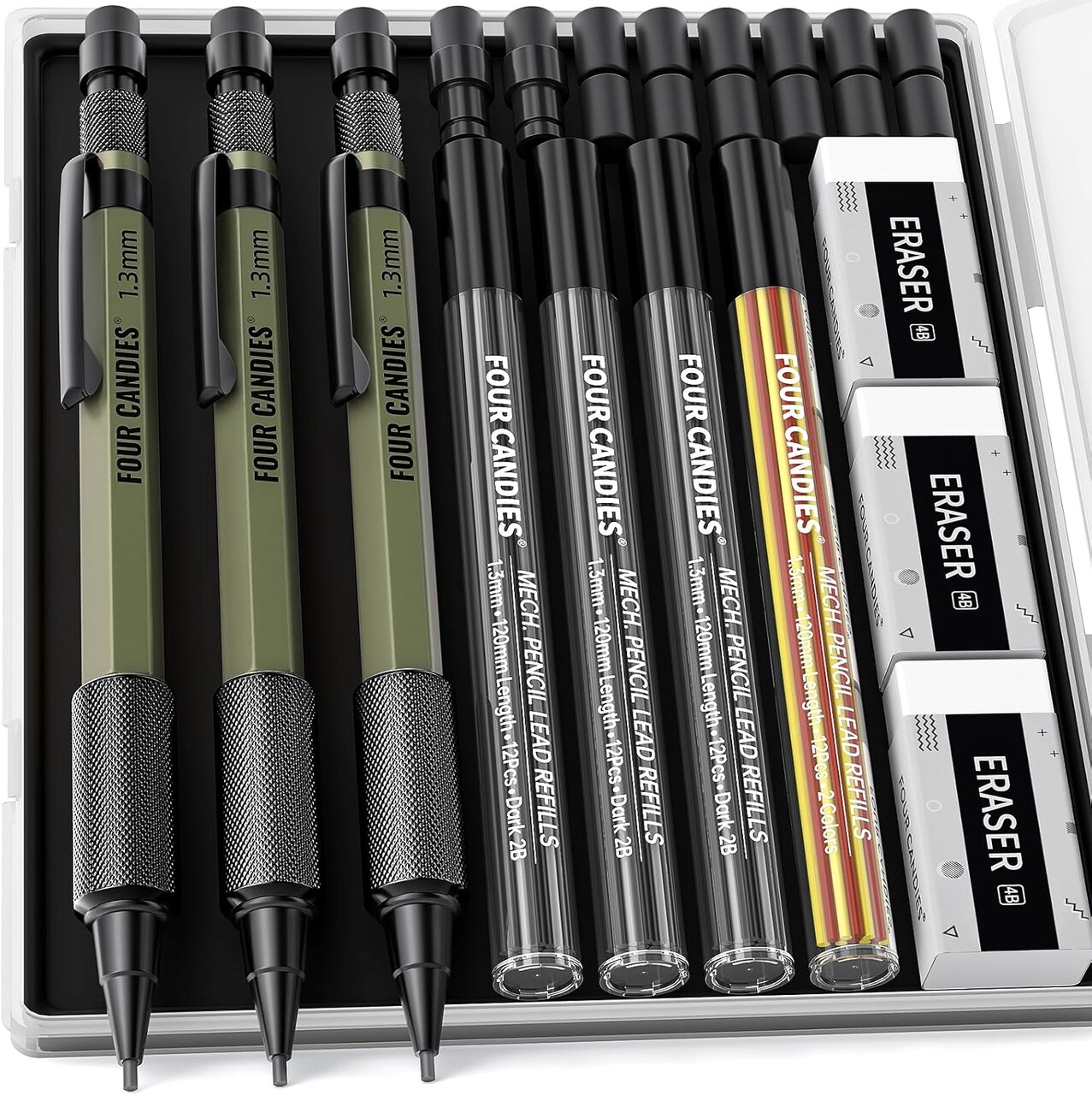 1.3mm Mechanical Pencil Set with 48 Lead Refill, 3PCS Metal Weatherproof Body Heavy Duty Carpenter Pencil, 3 Eraser, 12 Eraser Refill, for Outdoor Woodworking Drafting Marking with Case